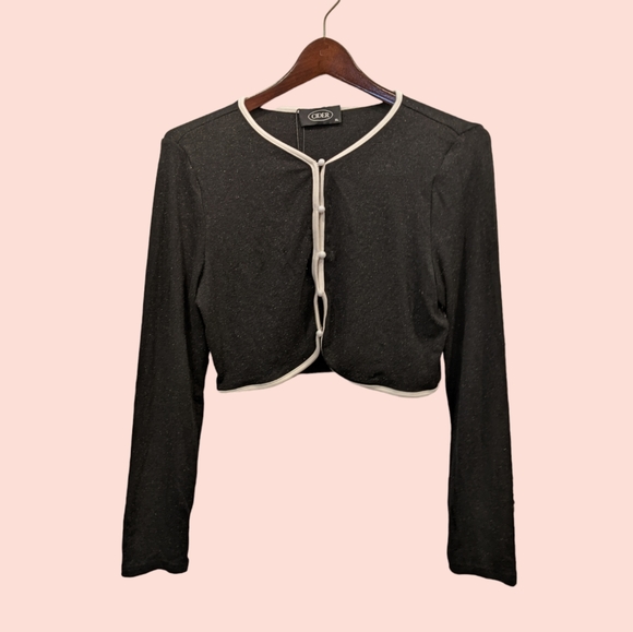 BNWT Y2K Style Sparkly Black Cotton Cardigan with White Contrast & Buttons L/XL - Picture 6 of 13